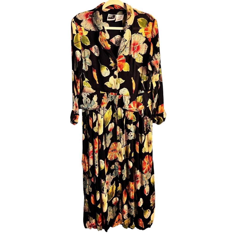Vintage Phool  Floral Maxi Dress L Black Button Front Boho Retro Airy Breathable